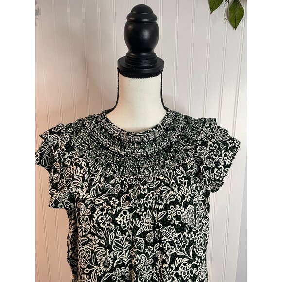Loft Floral Black & White Dress With Ruffled Sleeves Size PL 100%Viscose - Picture 6 of 15